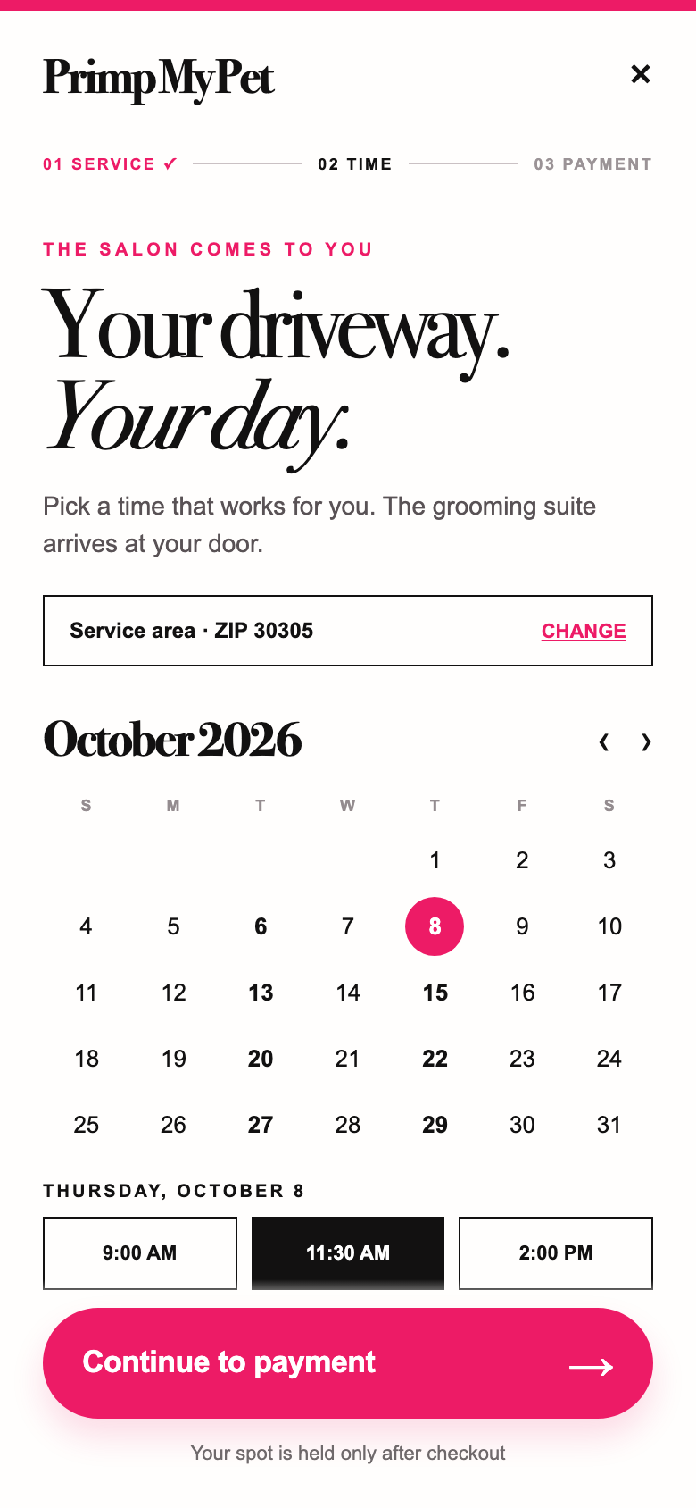 Booking concept screen two: example calendar and available times, not real availability
