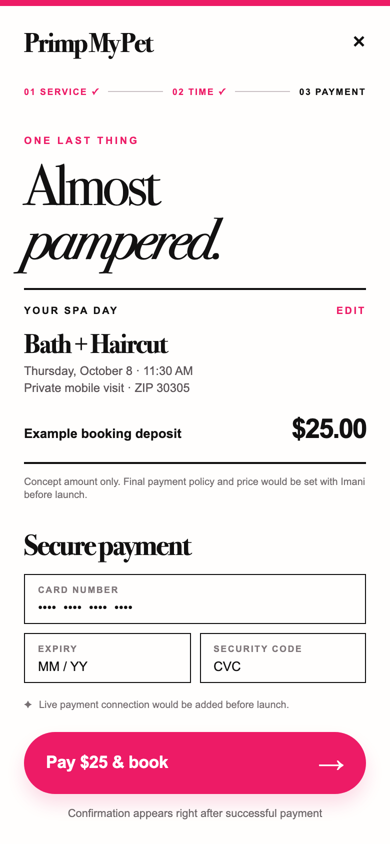 Booking concept screen three: illustrative deposit and payment, not a working checkout