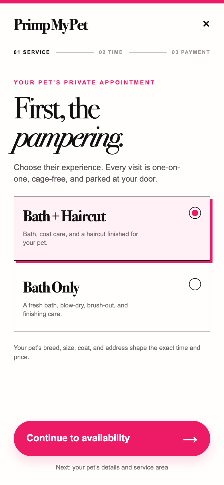 Booking concept screen one: select a pet grooming service