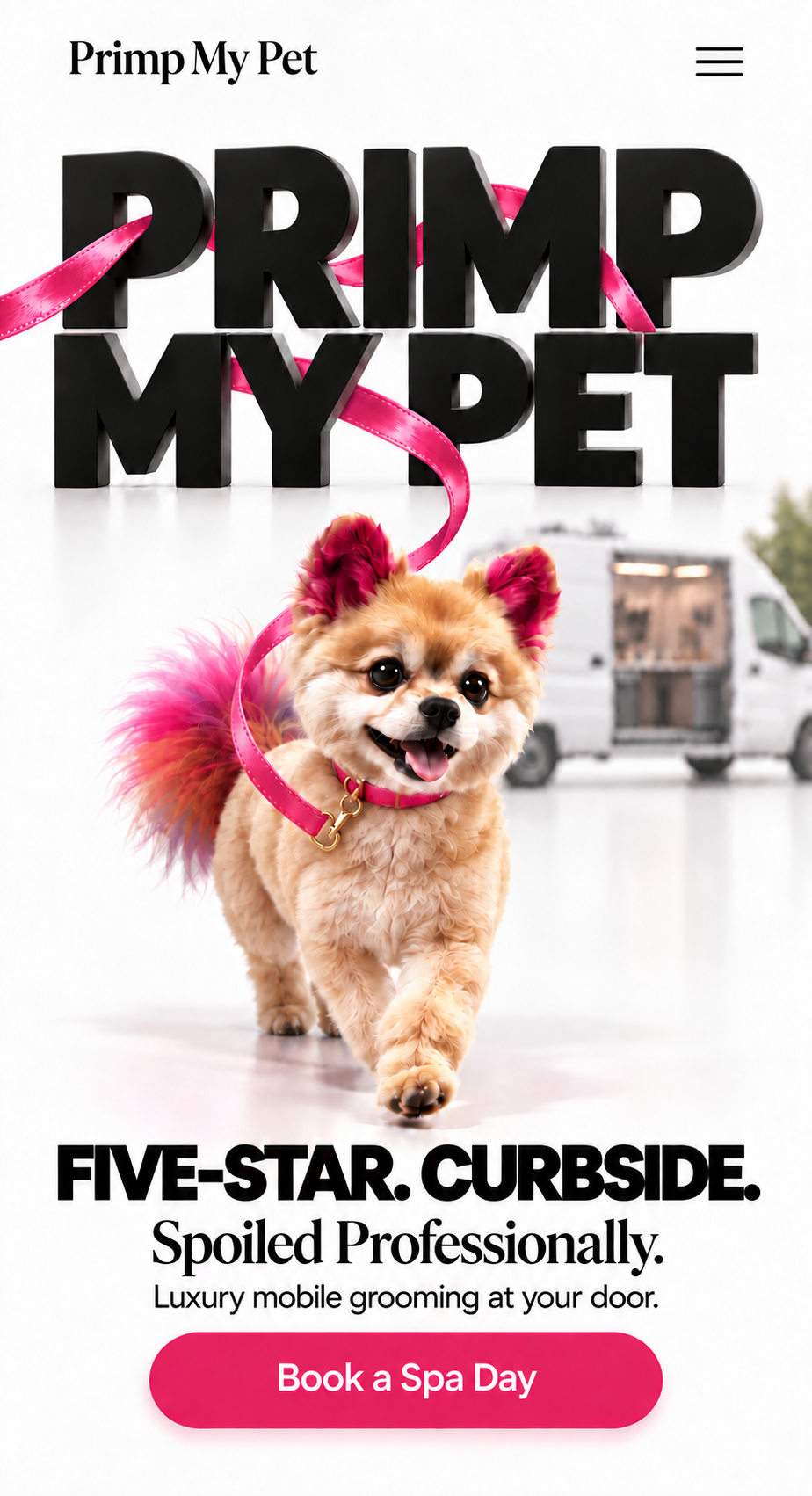 Illustrative Primp My Pet hero: a colorful dog, pink leash threading the brand name, and a mobile grooming van in the background