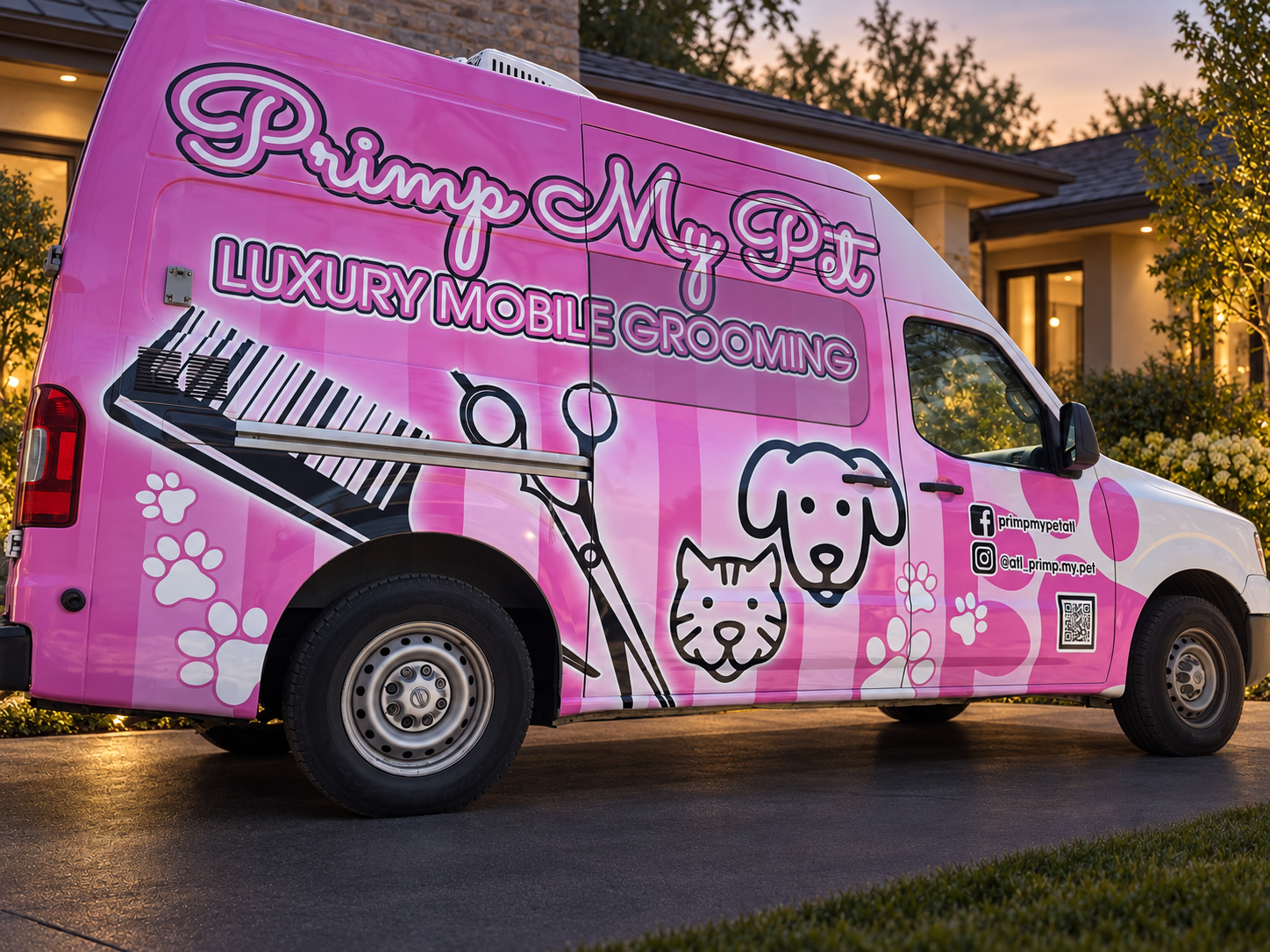 Concept image of Primp My Pet's pink mobile grooming van in a warmly lit residential driveway; the scene is digitally edited